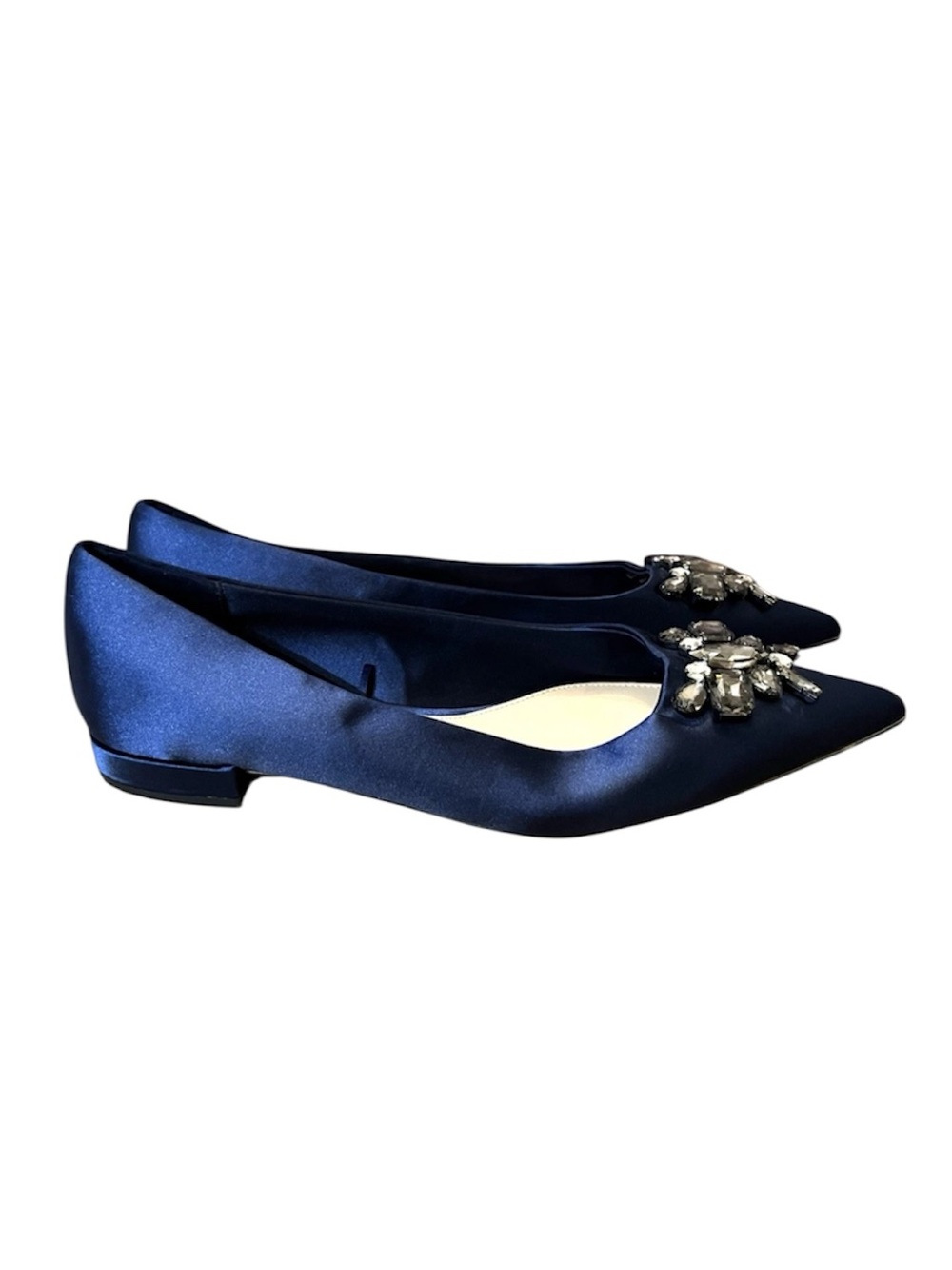 Zara Navy Satin Pointed Toe Flats with Crystal rhinestones Brooch Sz 39